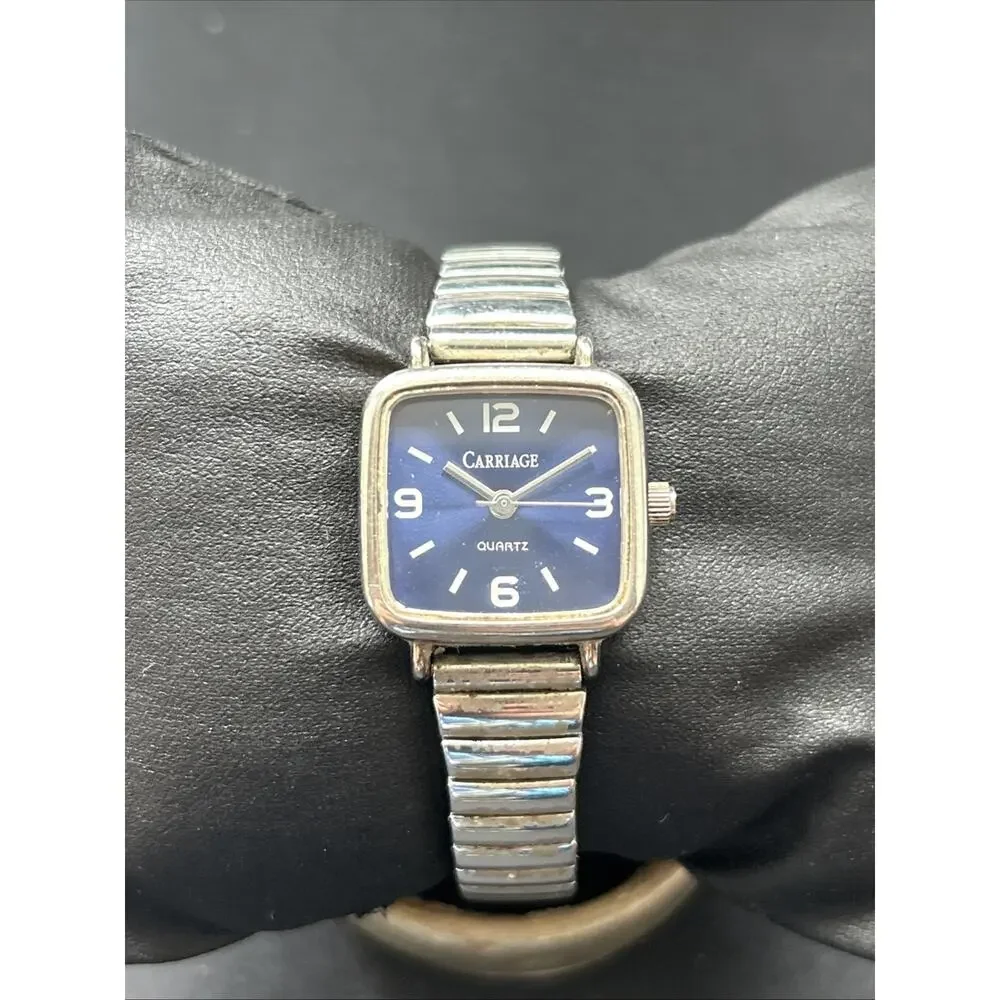 Carriage Navy Blue Dial Silver Tone Women’s Stretch Band Quartz Watch